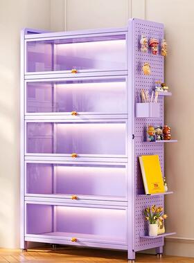 拉车紫色钢制书架带玻璃门落地书柜防尘手办展示柜通柜铁皮收纳储