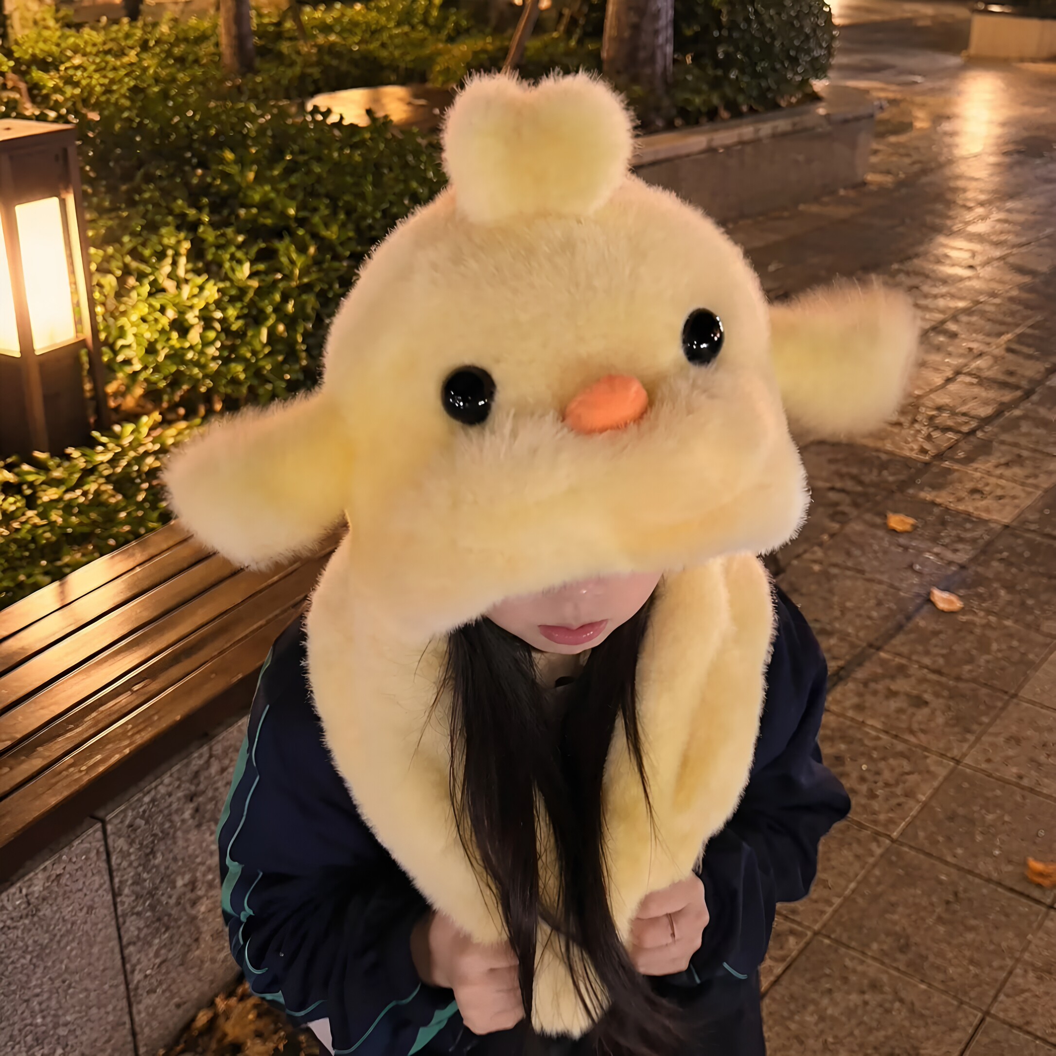 小黄鸡毛绒可动翅膀护耳围巾帽