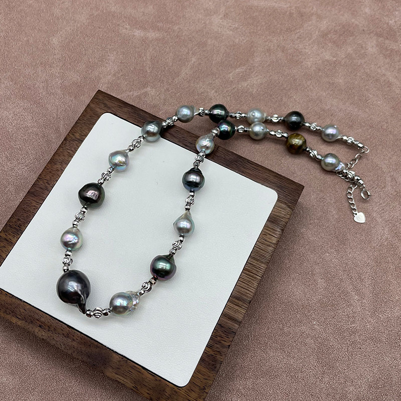 大溪地黑珍珠日本巴洛克珍珠项链满天星款异形925银锁骨链海水