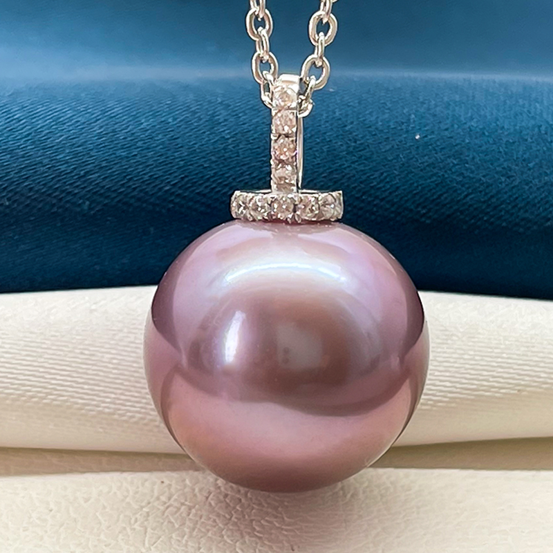 13-14mm18K金奶瓶款紫色爱迪生珍珠吊坠淡水强光不含链经典大气