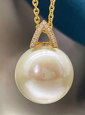 13-14mm18k金白色爱迪生淡水珍珠吊坠单颗项链坠圆形赛澳白送妈妈