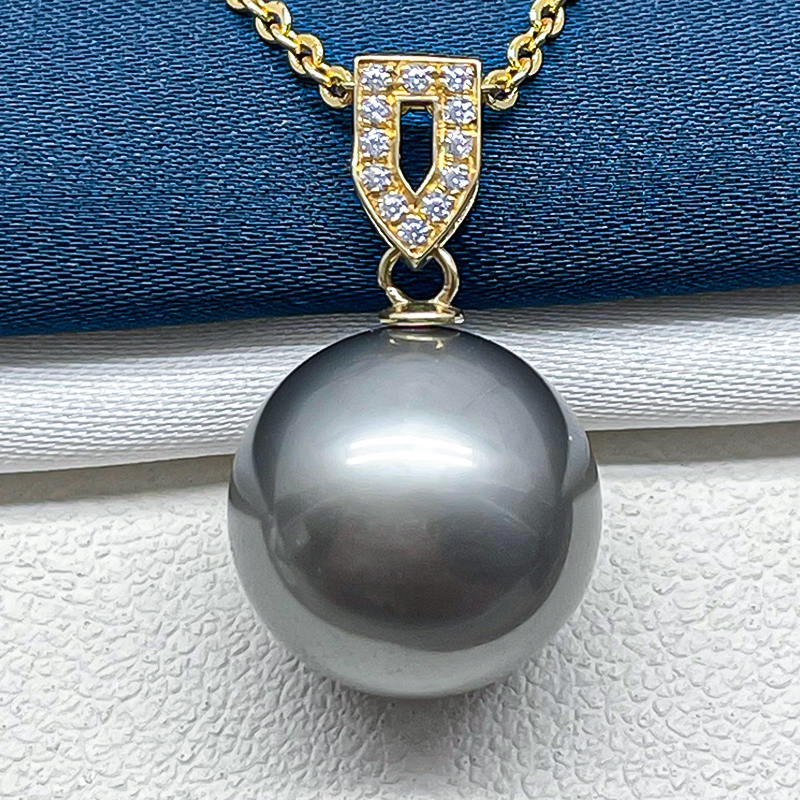 10-13mm18k金铂金灰大溪地黑珍珠吊坠海水强光不含链时尚送爱人
