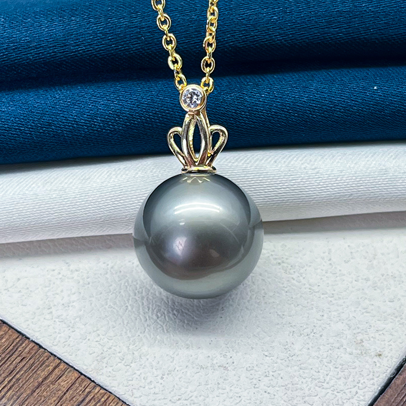 10-13mm18k金大溪地铂金灰珍珠吊坠海水强光经典百搭时尚不含链