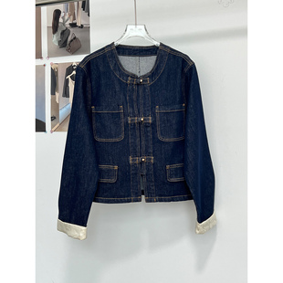 新款女士春季刺绣新中式盘口外套无领设计短款牛仔上衣