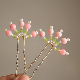 粉色U钗掩鬓发饰唐风明制珍珠发钗儿童清新发簪夏日点缀头饰配饰