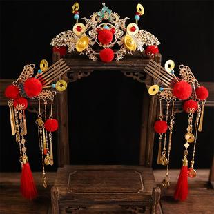 新年古风小财神头饰红毛球发冠元宝铜钱流苏发饰儿童汉服喜庆配饰