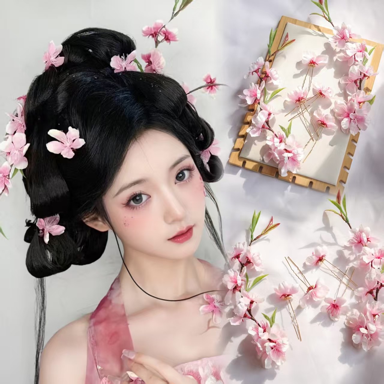 桃花花神发饰古风头饰汉服粉色花朵发钗点缀U钗古装掩鬓绢花配饰