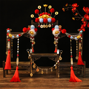 古风财神头饰元宝铜钱发夹汉服毛球发冠儿童发饰红色套装过年配饰