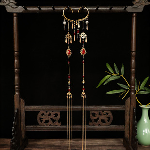 古风耳挂长流苏铜钱耳坠无耳洞耳饰新中式马面裙耳挂民族风配饰品