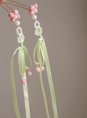 凌妙妙绿色飘带发饰古风超仙花朵蝴蝶结流苏头饰可爱儿童汉服配饰