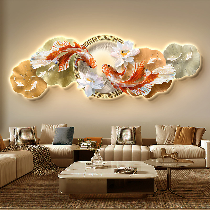 九鱼图客厅装饰画创意荷花图挂画LED灯轻奢高级感沙发背景墙壁画图片