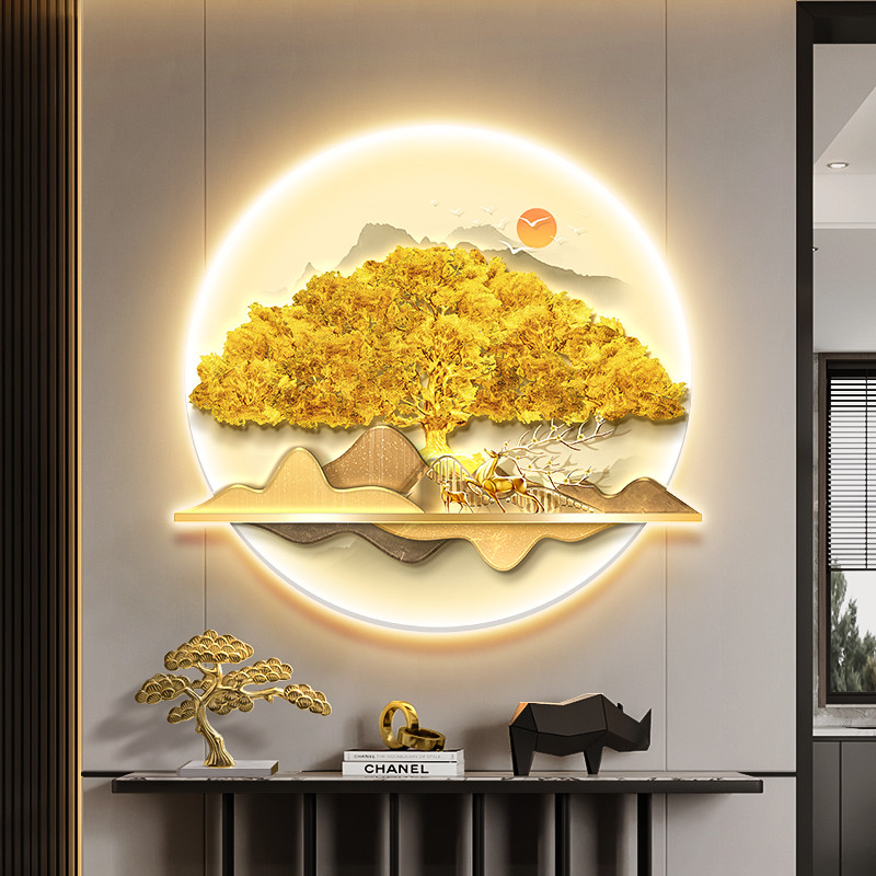 发财树入户玄关装饰画新中式山水走廊挂画轻奢金钱树圆形带灯壁画图片