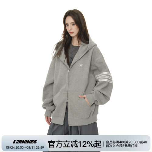 FORNINES三条杠重磅春秋连帽卫衣男生情侣宽松休闲刺绣开衫外套女