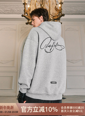 FORNINES刺绣连帽灰色卫衣男款秋冬重磅加厚加绒帽衫美式情侣外套