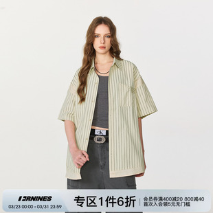 小众上衣潮牌美式 男生夏季 衬衣女 衬衫 FORNINES泡泡纱条纹刺绣短袖