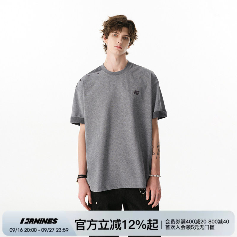 FORNINES设计感拼接撞色半袖上衣女夏季宽松灰色高级短袖T恤男生图片