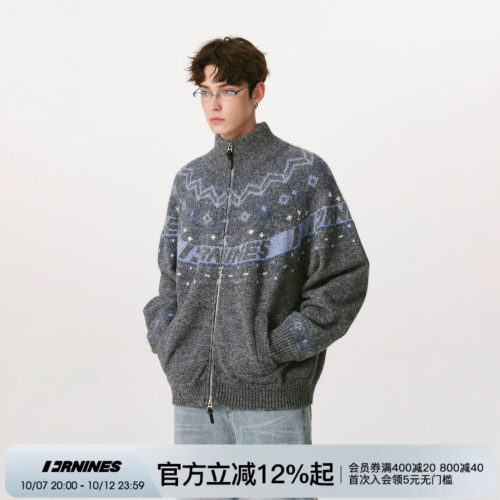 FORNINES含绵羊毛双拉链针织衫男女费尔岛复古开衫情侣装毛衣外套