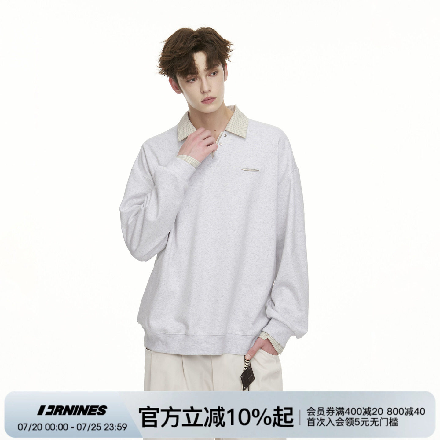 FORNINES假两件翻领POLO卫衣男生宽松情侣装花灰休闲外套上衣女