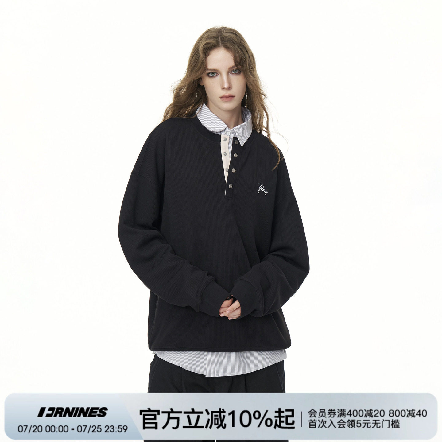 FORNINES亨利领刺绣卫衣男女春秋宽松黑色打底衫情侣国潮圆领上衣
