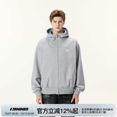 FORNINES重磅灰色毛圈刺绣连帽卫衣男女秋季微短款情侣开衫外套