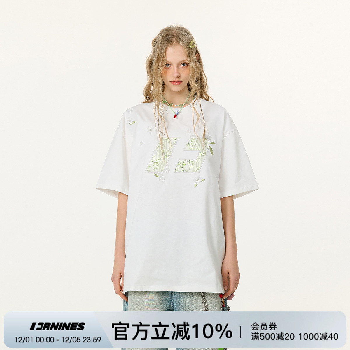 FORNINES花伴竹绣花短袖T恤