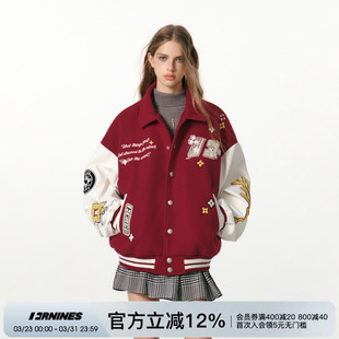 泽西风红色外套女夹克上衣 新款 FORNINES美式 拼接棒球服男2026春季