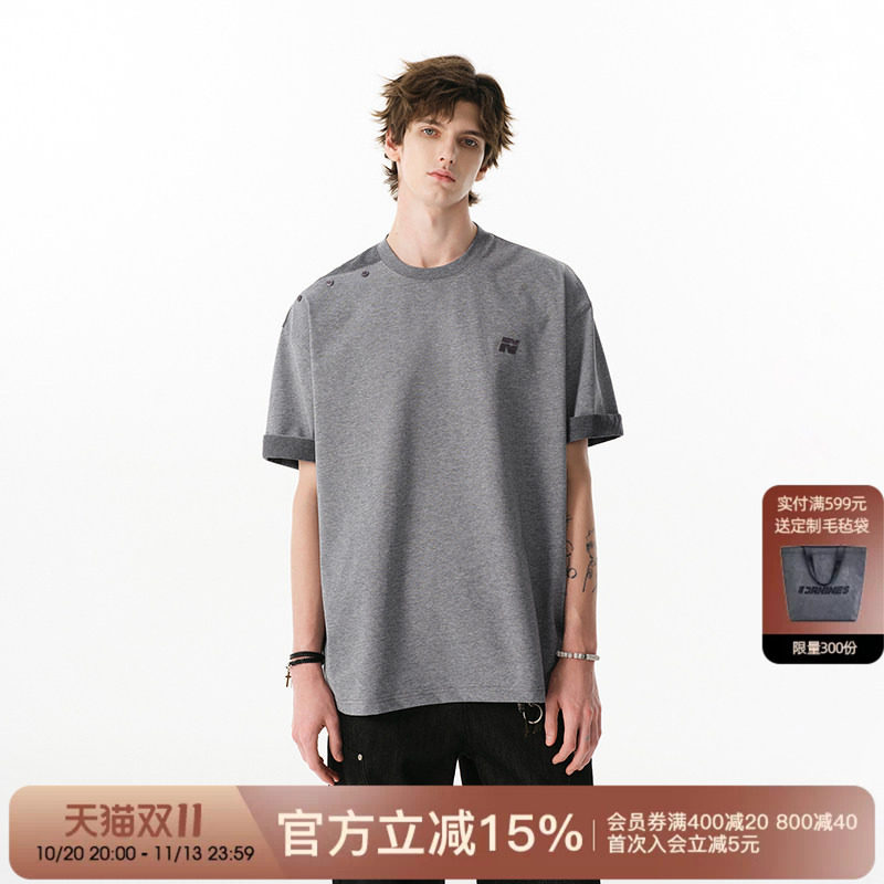 FORNINES设计感拼接撞色半袖上衣女夏季宽松灰色高级短袖T恤男生