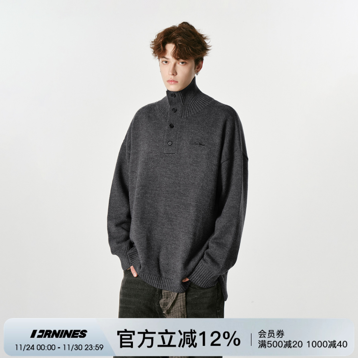 FORNINES冬季保暖高领毛衣男刺绣加厚慵懒毛线衣情侣套头针织衫女