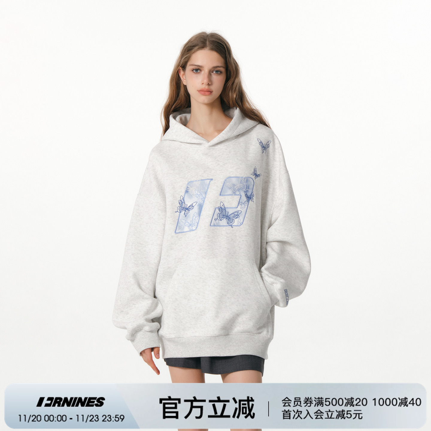 FORNINES蝴蝶刺绣卫衣男款2025秋冬国潮重磅连帽衫宽松外套女上衣