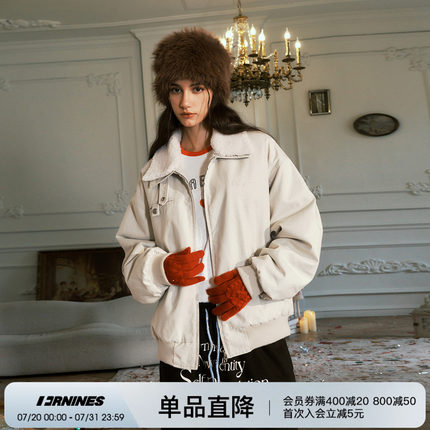 FORNINES可拆羊羔毛翻领棉衣男女情侣装冬季加厚加绒美式工装外套