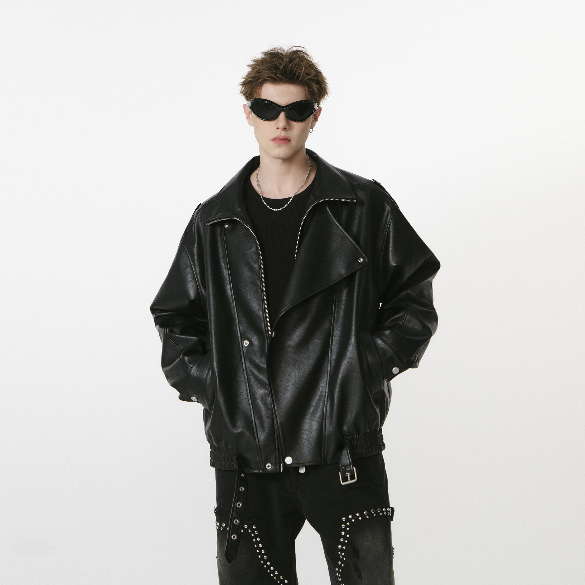 FORNINES复古斜拉链立领机车服皮衣男款春季款PU夹克国潮痞帅外套
