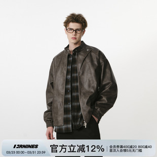 复古咖色夹克外套女 美式 FORNINES美拉德立领pu皮衣男款 机车服秋季
