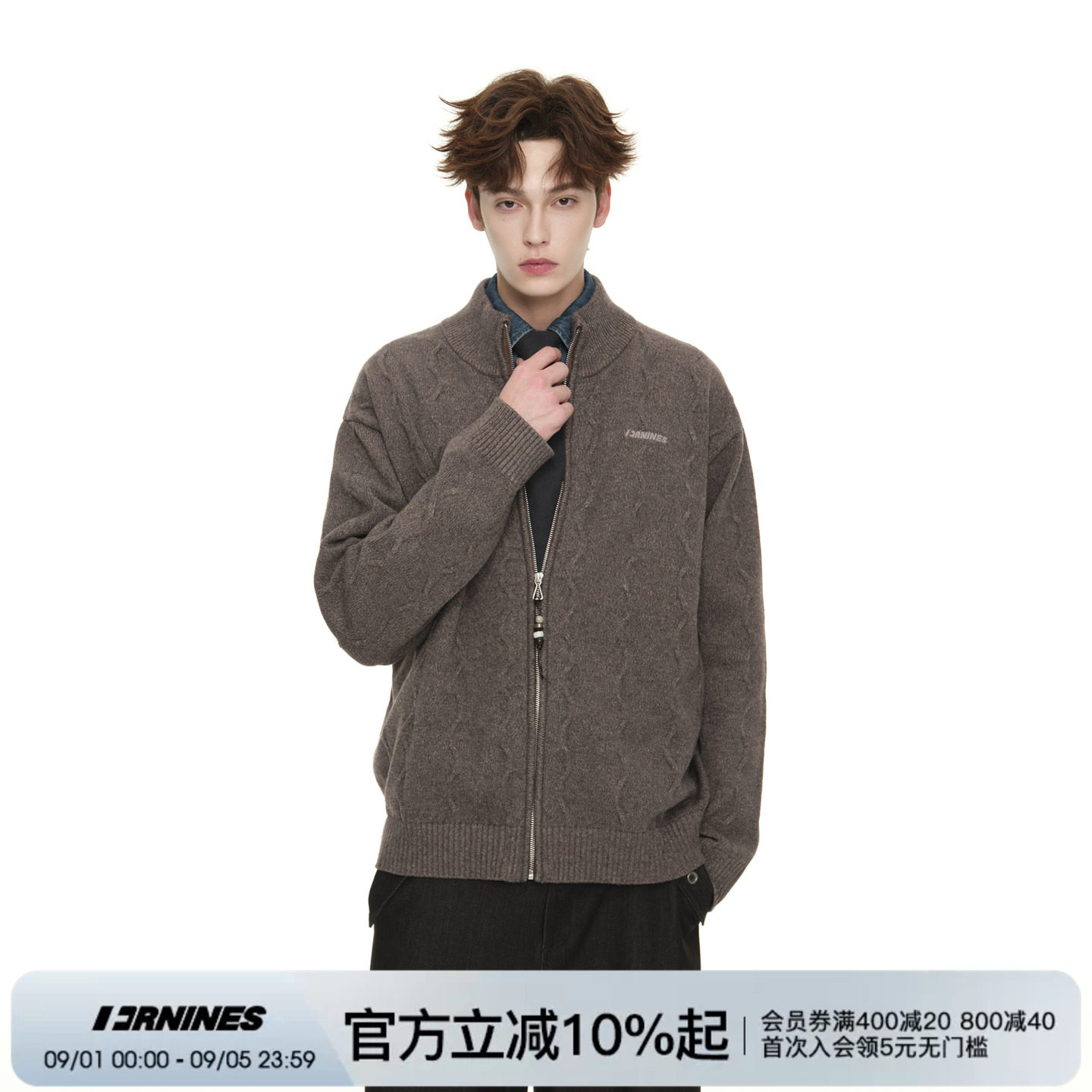 FORNINES立领刺绣针织开衫男生国潮秋冬咖啡上衣宽松毛线衣外套女图片