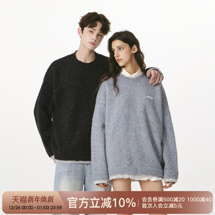 FORNINES假两件刺绣含绵羊毛针织衫 上衣 男女慵懒风毛衣宽松情侣装