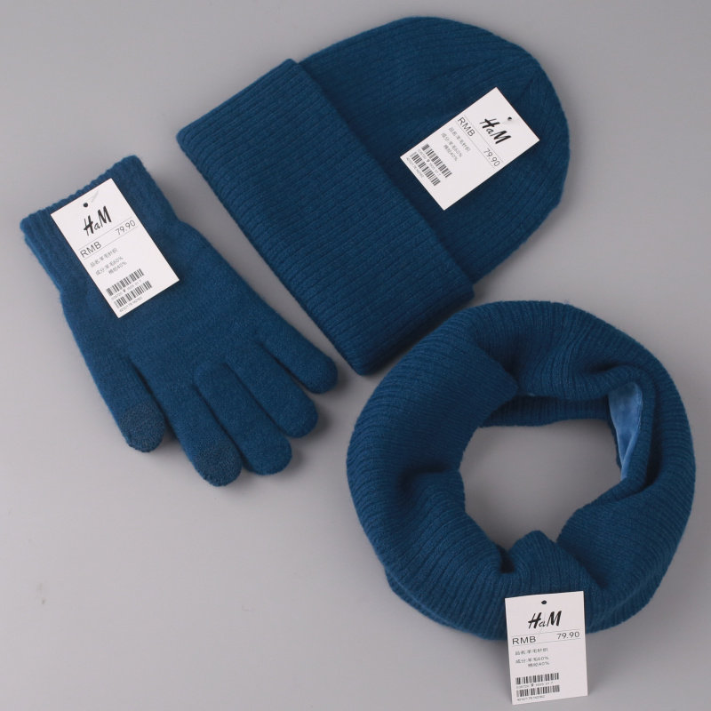 HAM 울 장갑 모자 스카프 3피스 겨울 세트 남녀공용 플러스 벨벳 올인원 따뜻하고 방한 니트 모자와 스카프
