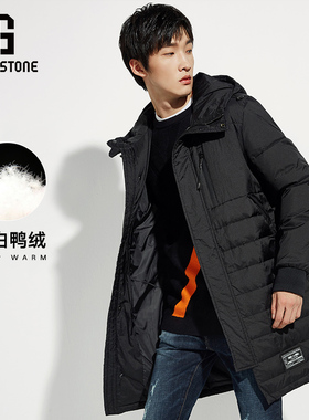 Riverstone流石男装黑色长款连帽羽绒服男冬季新品时尚百搭羽绒衣