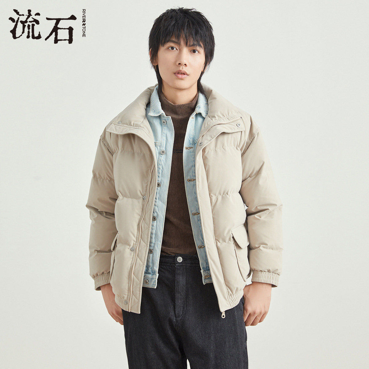 流石男装春装时尚假两件羽绒服2026年新款男士拼接牛仔设计感外套