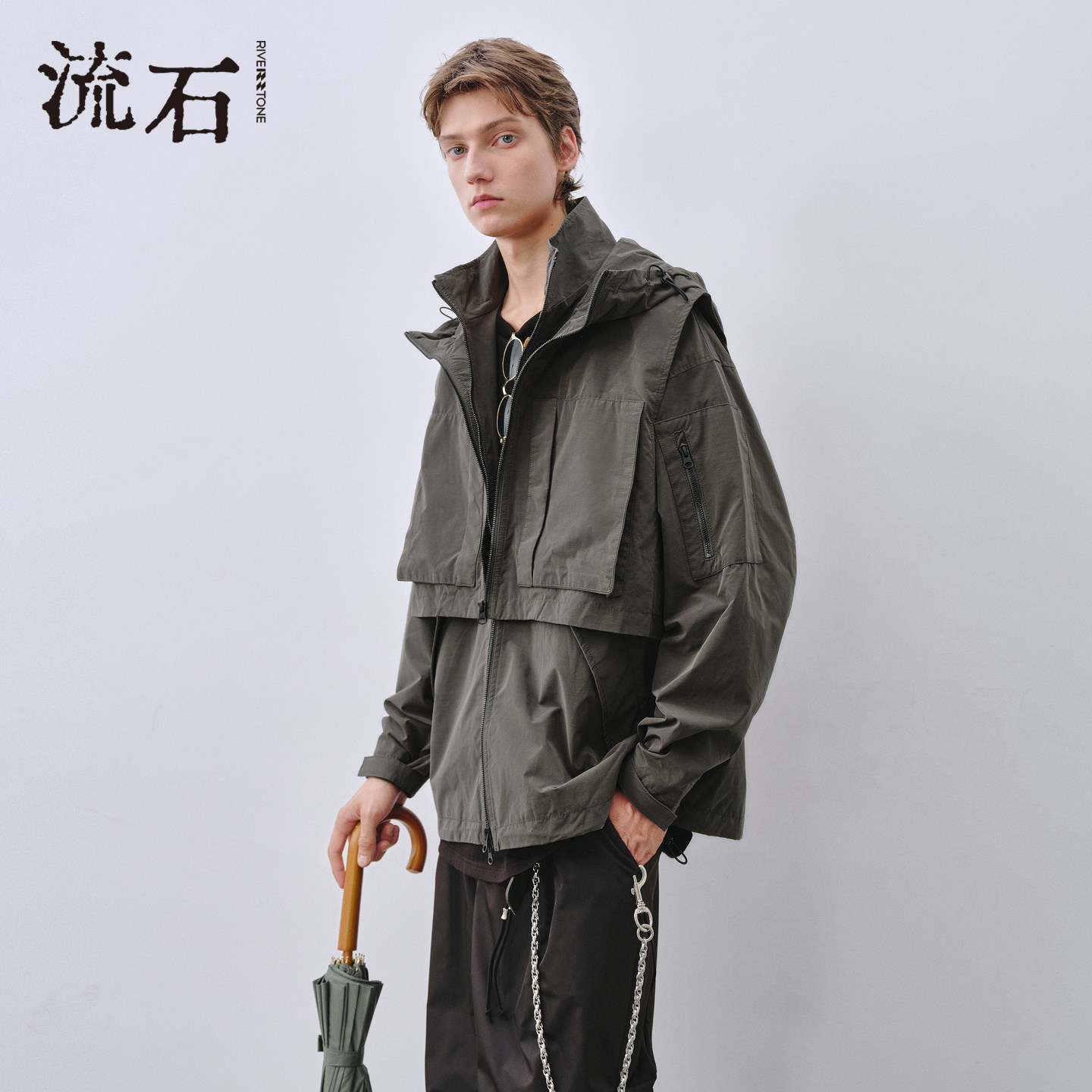 流石男装连帽两件式短款风衣2026年春季新款男士小众防风简约外套