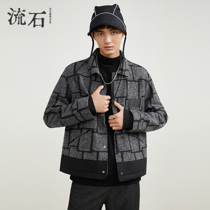 流石男装冬装时尚格子毛呢外套男士2026年冬季新款羊毛短款夹克衫