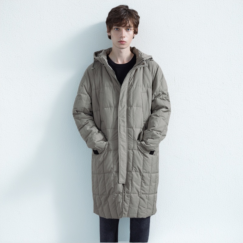 流石男装中长款连帽羽绒服白鸭绒