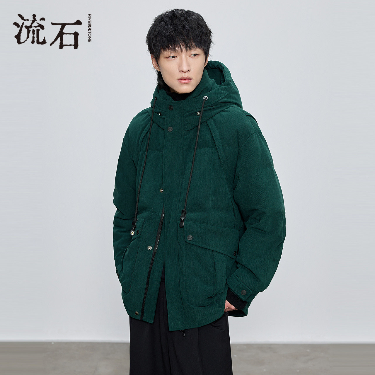 流石男装冬装高级时尚灯芯绒连帽羽绒服2026年新款春季短款外套男