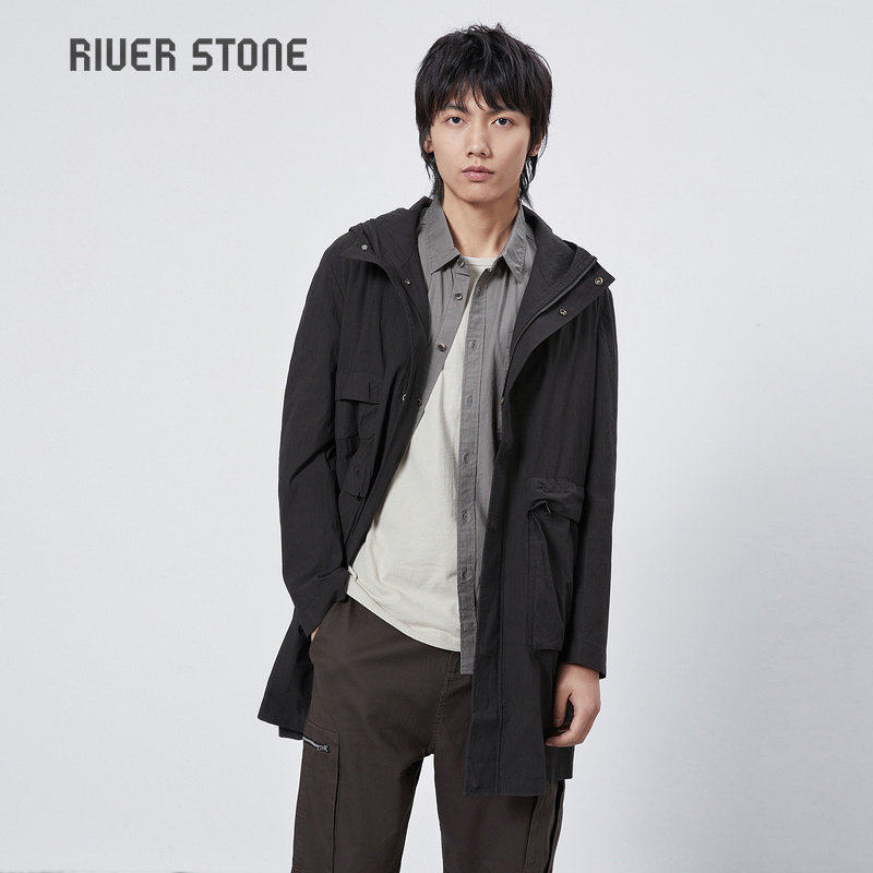 流石男装秋装多口袋连帽风衣2026年春季新款男士工装中长款外套潮