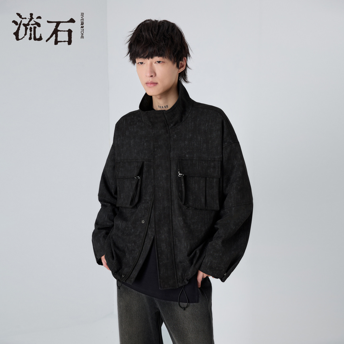 流石男装立领炒花休闲夹克2026年春季新款男款小众抗皱工装风外套