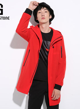 Riverstone流石男装修身中长款风衣男新品时尚潮流连帽休闲外套男