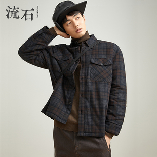 流石男装秋宽松格子夹克棉服2026年春季新款时尚厚衬衫外套男款
