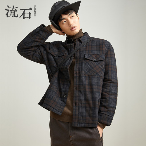 流石男装格子夹克棉服时尚厚衬衫