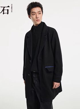 流石男装撞色中长款毛呢大衣2026年新款春季男士时尚保暖呢子外套