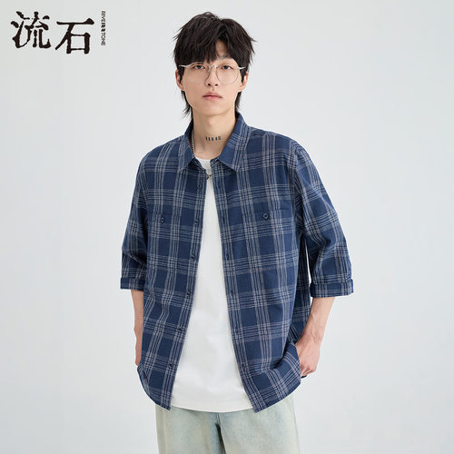 流石男装格子透气棉麻半袖衬衫潮
