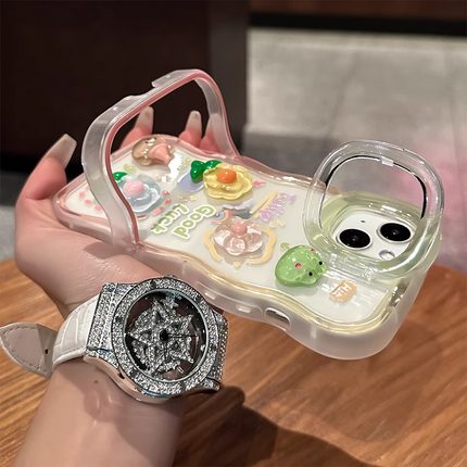 适用苹果16promax手机壳新款iPhone15pro双支架波浪14plus防摔13女款12可爱青蛙xsmax云朵公仔XR全包保护套