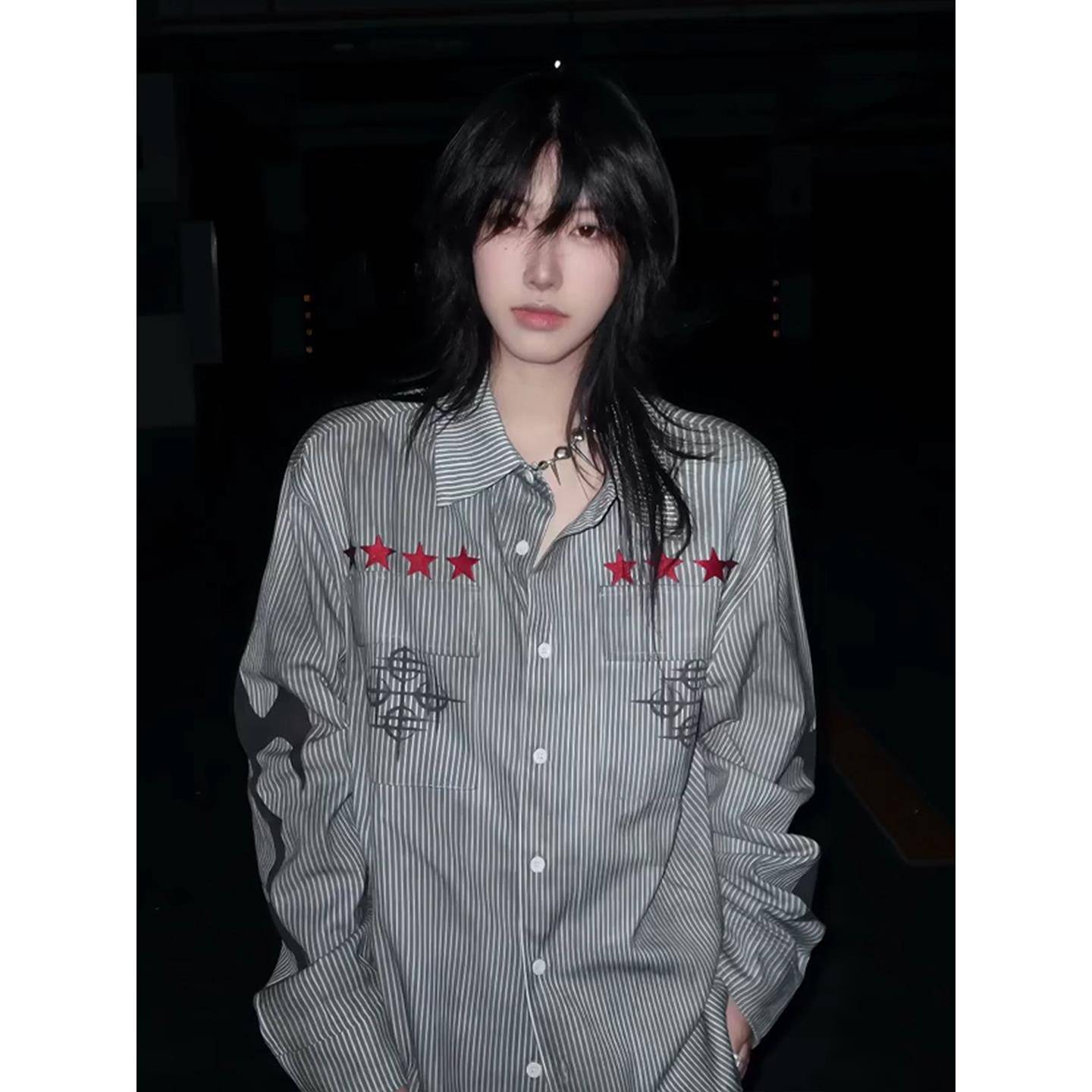 亚文化条纹长袖衬衫外套女早秋新款喷脏宽松衬衣视觉系上衣设计感